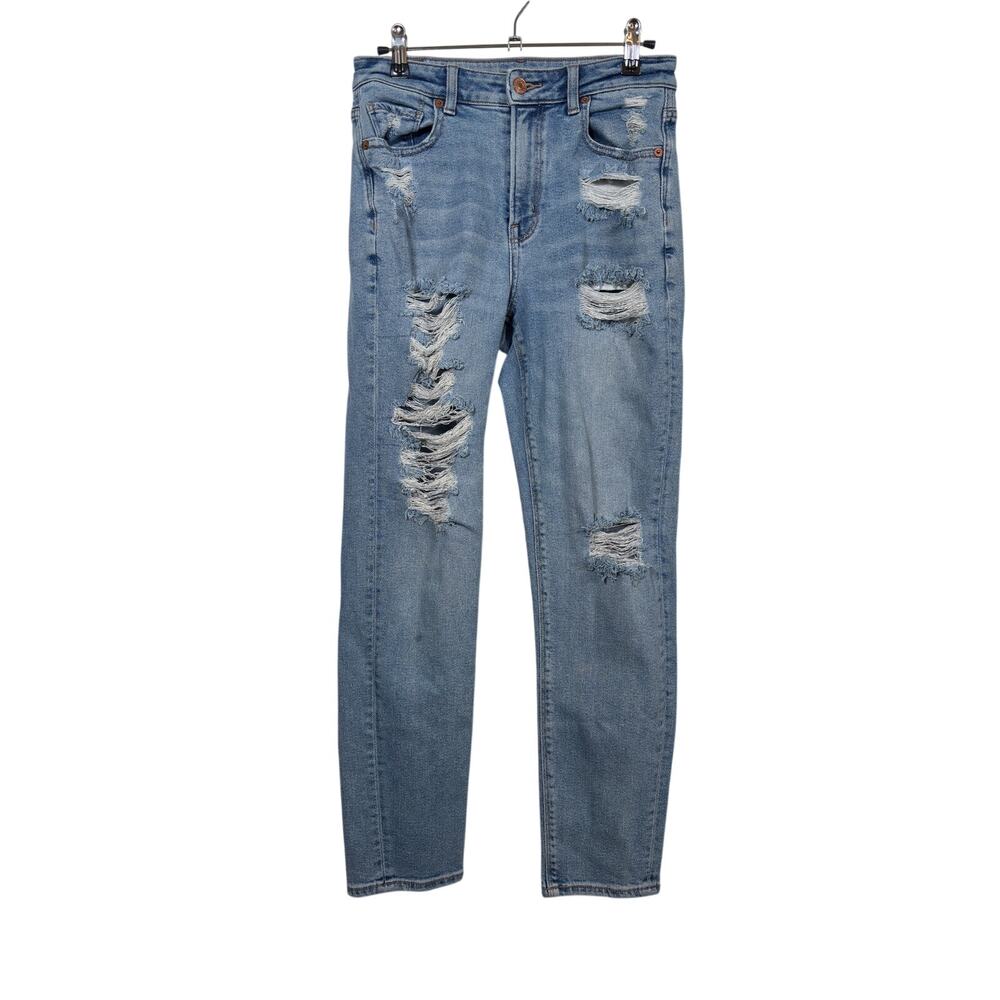 American Eagle Mom Jeans Womens 2 Blue High Rise Distressed Light Wash Tapered